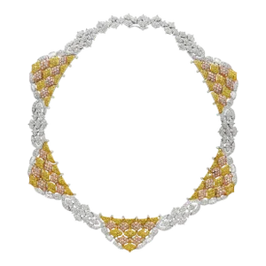 Natural 35 Carat Pink, White, & Yellow Diamond 18k Three Tone Necklace Choker