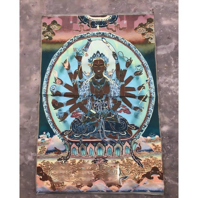 "W-60cm,H-90cm This Xizang Embroidery and Brocade Thangka Buddha Painting is a handmade spiritual home decor piece...