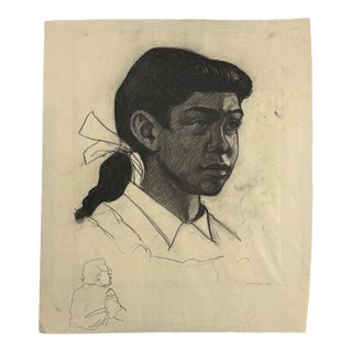 Anthony Ferrara - Vintage Portrait of a Young Girl, Signed (1950, Charcoal on Paper) For Sale