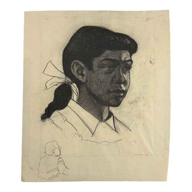 Anthony Ferrara - Vintage Portrait of a Young Girl, Signed (1950, Charcoal on Paper) For Sale