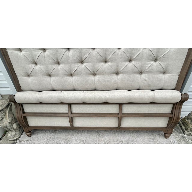 Wood King Sleigh Bed Vintage Transitional Style Tufted Upholstered Linen Taupe For Sale - Image 13 of 15