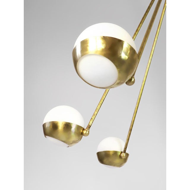 Mid-Century Italian Brass and Opaline Glass Chandelier from Stilnovo For Sale - Image 5 of 6
