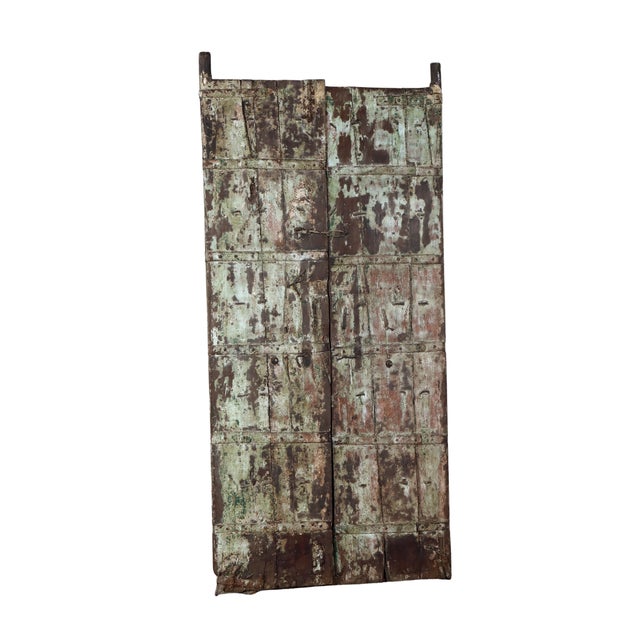Green Antique Indian Painted Teakwood Gujarati Door For Sale - Image 8 of 9