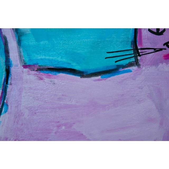 Contemporary Contemporary Art, Pink Cat, Acrylic Mixed Media Painting For Sale - Image 3 of 9