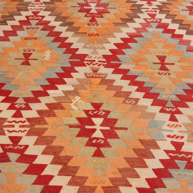 Rustic Vintage Mid-Century Diamond Golden Yellow and Red Wool Kilim Rug With Multicolor Accents For Sale - Image 3 of 6