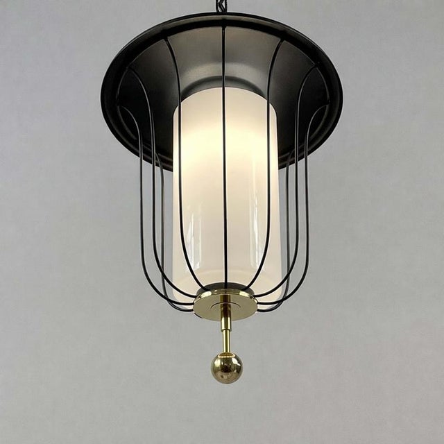 Mid-Century Black Caged Lantern Pendant in Brass and Milk Glass, France, 1950s For Sale - Image 12 of 17