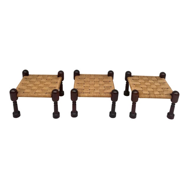 Vintage Woven Jute and Mahogany Stools - Set of 3 For Sale