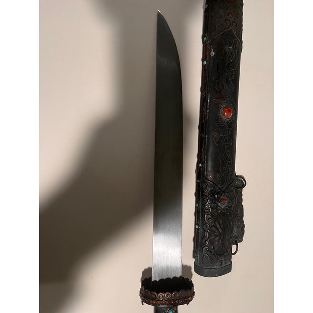 Vintage Sino Tibetan Short Sword Dagger Hand Forged Steel Repousse Scabbard 25" For Sale - Image 9 of 15