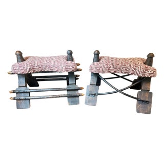Custom Upholstered Vintage Camel Saddle Stools For Sale
