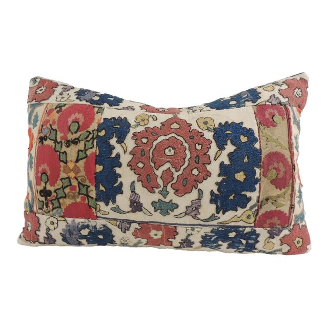 Antique Unique Suzani Embroidery Patchwork Decorative Lumbar Pillow For Sale