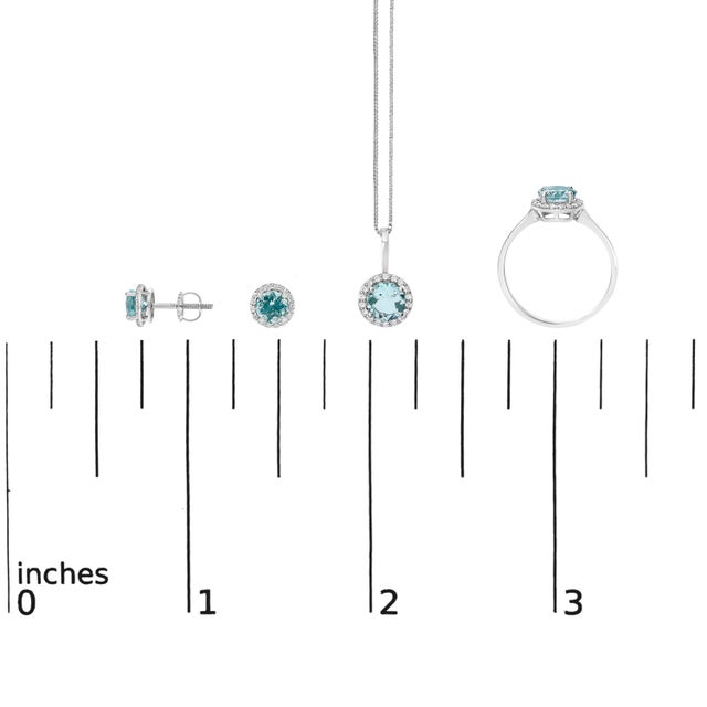 10K White Gold Blue Aquamarine and 3/8 Cttw Diamond Halo Jewelry Set (Earrings, Pendant & Ring) For Sale In New York - Image 6 of 6