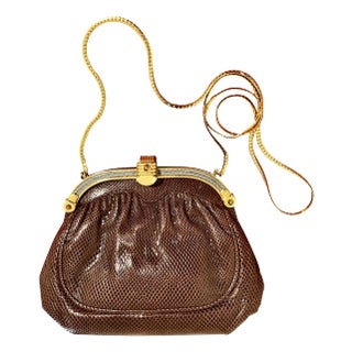 Judith Leiber Style Brown Snake Clutch With Tiger's Eye and Silver Cable Frame For Sale