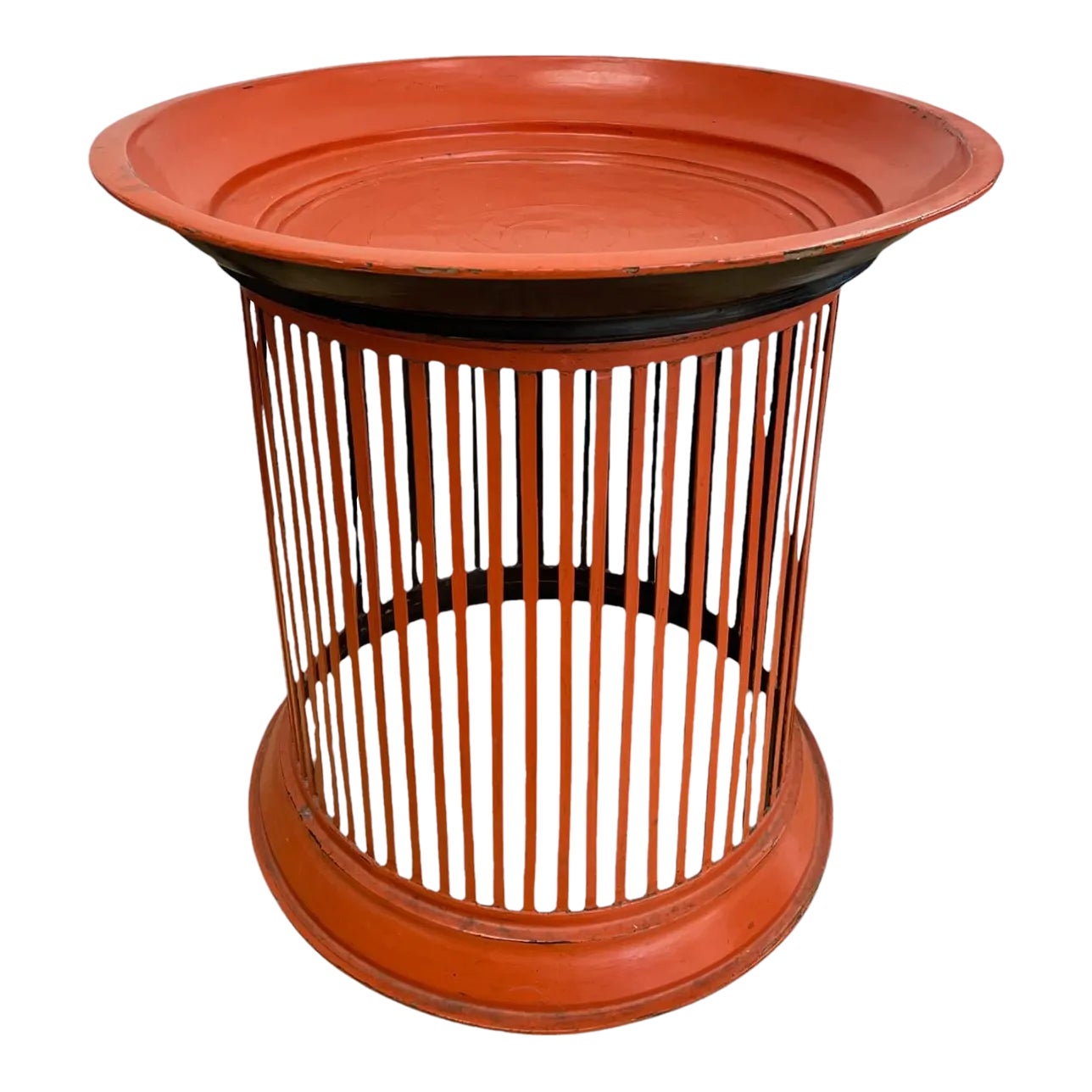 Mid-Century Chinese Lacquered Bamboo Slatted Barrel Tray Table | Chairish