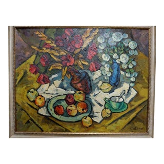 1990s Oil Painting Flowers and Apples Kublik Mikhail Alekseevich For Sale