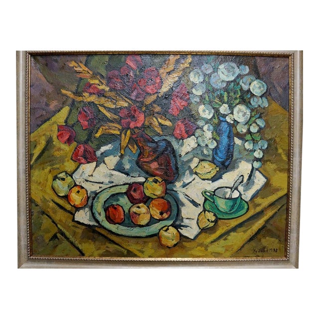 1990s Oil Painting Flowers and Apples Kublik Mikhail Alekseevich For Sale