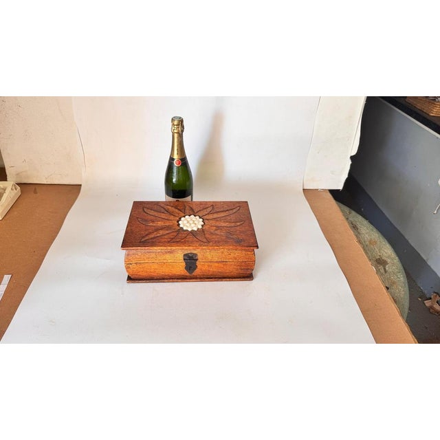 French Wooden Box with Ceramic Inlay – Geometric Floral Motif – Circa 1950 : This is a decorative wooden box made in...