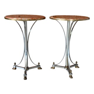Pair of Sculptural Neoclassical Marble-Top Pedestal Tables With Brass Paw Feet For Sale