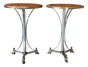 Pair of Sculptural Neoclassical Marble-Top Pedestal Tables With Brass Paw Feet