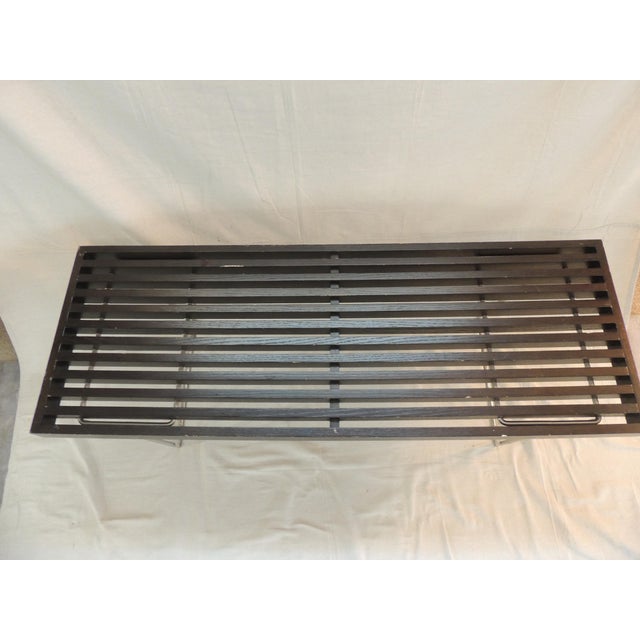 Mid Century-Modern Slatted Wood Bench in the Style of George Nelson. Slatted seat/top wood bench with hairpin style Chrome...