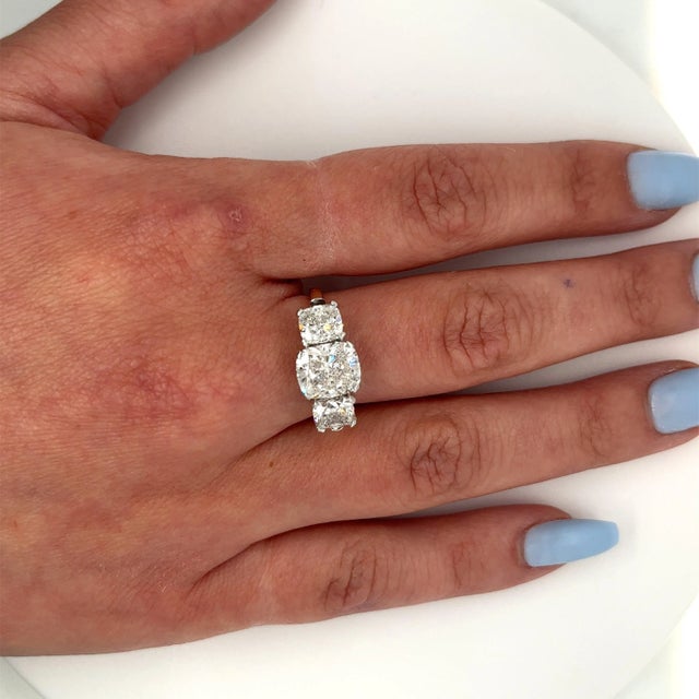 Metal Mid 20th Century 4.83 Carat Cushion Cut 3-Stone Lab Grown Diamond Ring in 14k Gold and Platinum Size 7.5 For Sale - Image 7 of 7