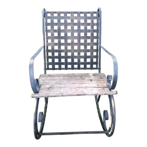 Antique Wrought Iron Lattice Back Rocking Chair With Teak Wood Slat Seat