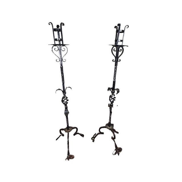 Metal Antique Wrought Iron Floor Candelabras - Holds One Pillar Candle - Set of 2 For Sale - Image 7 of 11