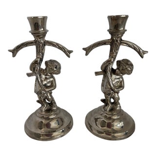 Mid-Century Silverplate Figural Candlesticks With Climbing Boy Motif, Pair Hollywood Regency 1950s Decor For Sale