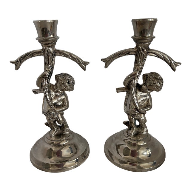Mid-Century Silverplate Figural Candlesticks With Climbing Boy Motif, Pair Hollywood Regency 1950s Decor For Sale