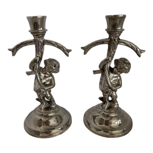 Mid-Century Silverplate Figural Candlesticks With Climbing Boy Motif, Pair Hollywood Regency 1950s Decor