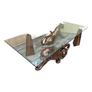 Hollywood Regency Mottled Bronze Ceramic Panthers Pedestal Coffee Table. Circa 1970s For Sale