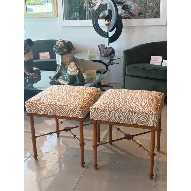 Brown Pair Vintage Faux Bamboo Wood Benches Ottomans Newly Upholstered Quadrille For Sale - Image 8 of 12