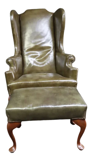 1960s Olive Leather Wingback & Ottoman