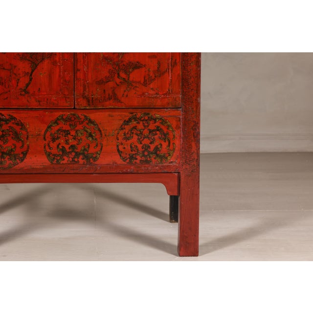Wood 19th Century Qing Dynasty Red Lacquer Cabinet with Original Hand-Painted Scenes For Sale - Image 7 of 12