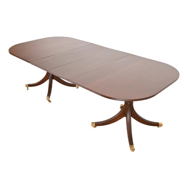 Baker Furniture Style Georgian Mahogany Double Pedestal Extension Dining Table, Newly Refinished For Sale
