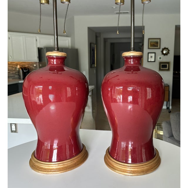 1960s Pair Asian Sang De Boeuf Oxblood Meiping Porcelain Table Lamps For Sale In Palm Springs - Image 6 of 18