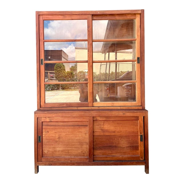 Vintage Primitive Teak Sliding Door Cabinet For Sale