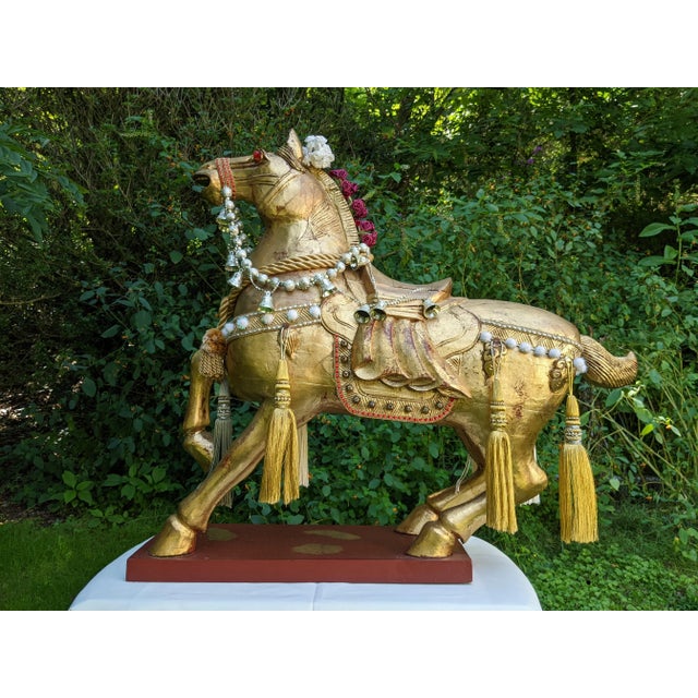 Mid 20th Century XL Chinese Hand-Carved Gilt Wood Stylized Tang Horse Sculpture Statue Figure For Sale - Image 12 of 12