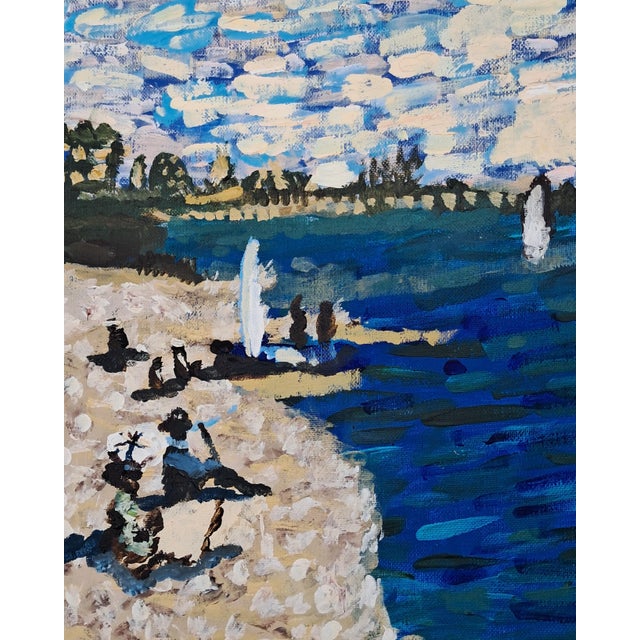 Blue Hand-Painted Acrylic Impasto Seashore Painting With Sailboats and Black Beachgoers For Sale - Image 8 of 11