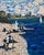 Blue Hand-Painted Acrylic Impasto Seashore Painting With Sailboats and Black Beachgoers For Sale - Image 8 of 11
