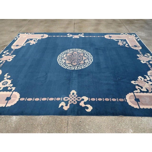 Navy Blue Galerie Shabab Collection Late 20th Century Handmade Chinese Peking Room Size Carpet in Blue and Mauve For Sale - Image 8 of 10