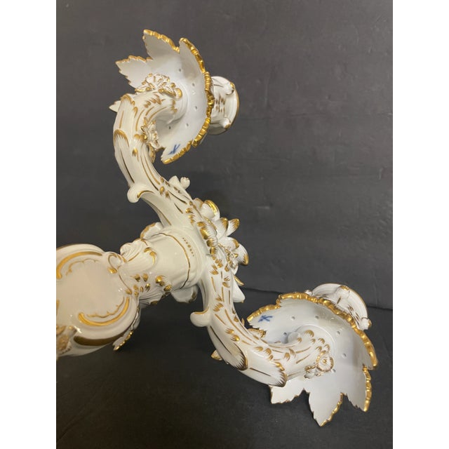 1970s Meissen Candelabra White and Gold Porcelain 3 Arm For Sale - Image 5 of 9