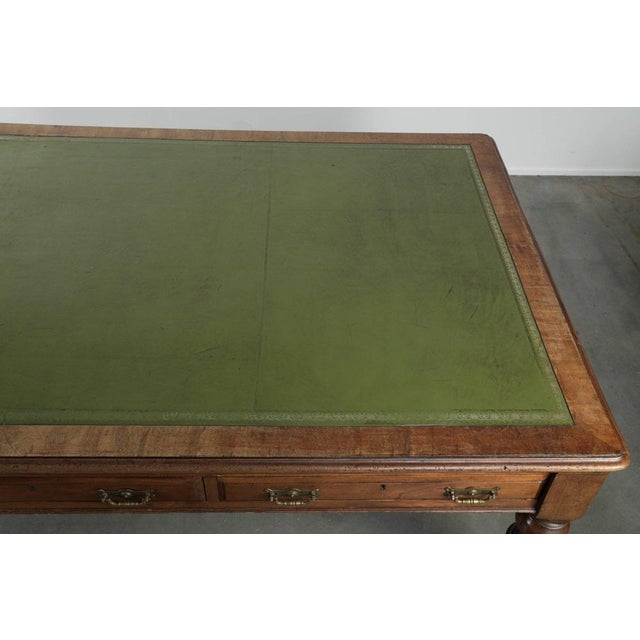 Green Antique English Writing Desk on Wheels with Drawers and Green Leather Top For Sale - Image 8 of 14