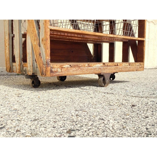 Antique Industrial Distress Gray Wooden Rolling Shelf Storage Cart Store Display For Sale - Image 9 of 12