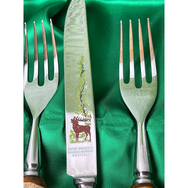 1950s Vintage Anton Wingen Jr Solingen Germany 8pc Stag Antler Steak Knife & Fork Set, Hand Carved Genuine Deer Horn Cutlery, Wildlife Etched Rostfrei For Sale - Image 5 of 6