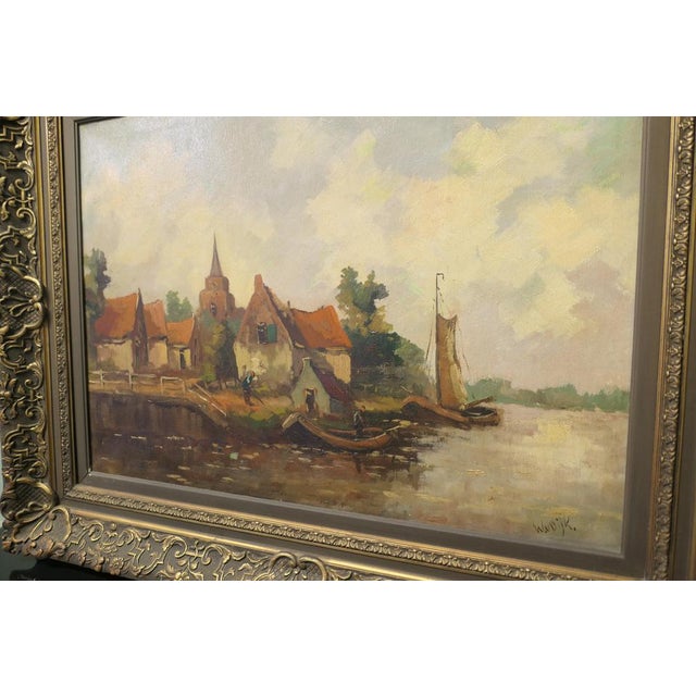 1900 - 1909 W. v. Dijk, Village from the Water, 19th Century, Oil Painting, Framed For Sale - Image 5 of 8