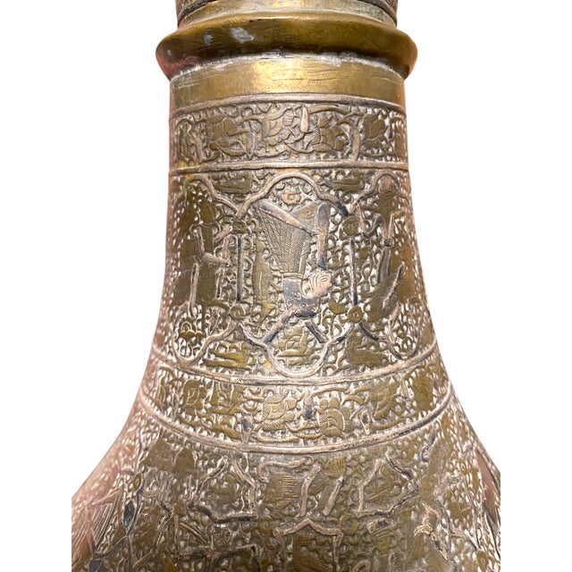 Extraordinary 19th Century Qajar Persian Brass Vase Islamic Arabesque Antique Engraved Figures Animals 13.5" For Sale In San Francisco - Image 6 of 15