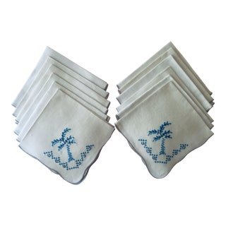 1970s Vintage Blue Hand-Embroidered Palm Tree Linen Napkins - Set of 12 For Sale