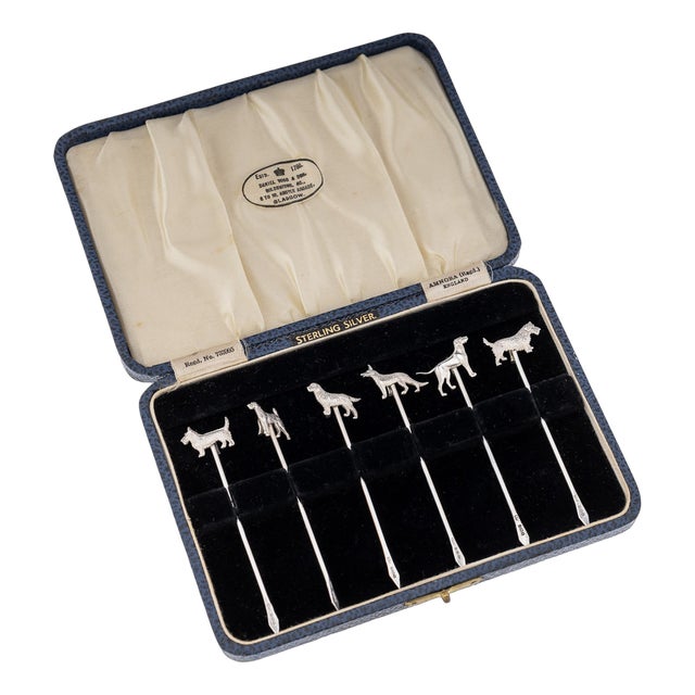20th Century Silver Cased Cocktail Picks with Dog Breed Motif, 1934, Set of 6 For Sale
