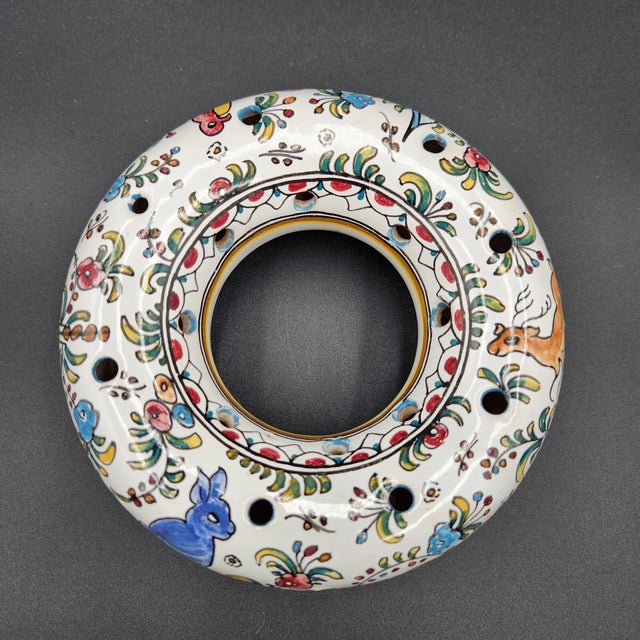 Vintage Portuguese Hand Painted Ceramic Circular Flower Frog Vase For Sale In Houston - Image 6 of 6