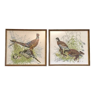 Vintage Pheasant Framed Textile Art, a Pair in Chartreuse, Gray, & Off-White For Sale